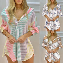 Laden Sie das Bild in den Galerie-Viewer, Gestreiftes Sommerkleid für Damen mit V-Ausschnitt und langen Ärmeln
