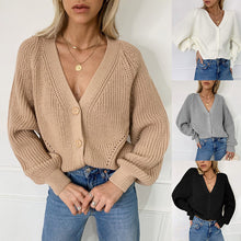 Laden Sie das Bild in den Galerie-Viewer, Einfarbiger Strickpullover mit Ballonärmeln und V-Ausschnitt