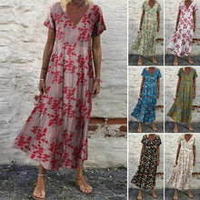 Laden Sie das Bild in den Galerie-Viewer, Kurzärmliges lockeres Blumenkleid mit V-Ausschnitt