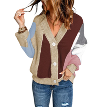 Laden Sie das Bild in den Galerie-Viewer, Colorblock-Pullover Cardigan mit V-Ausschnitt