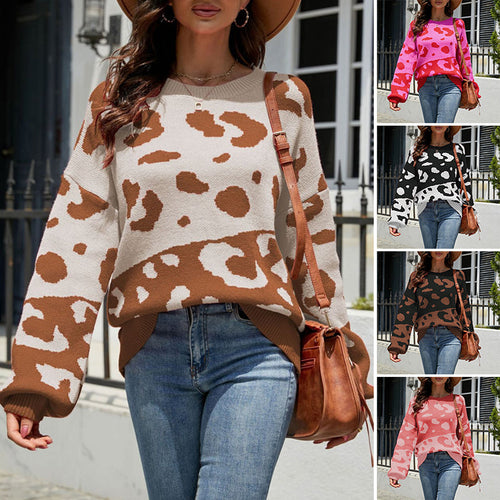 Zweifarbiger Strickpullover mit Leopardenmuster