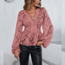 Laden Sie das Bild in den Galerie-Viewer, Einfarbiges Langärmeliges Chiffonhemd mit V-Ausschnitt und Jacquard