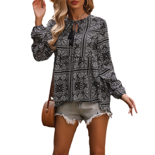 Laden Sie das Bild in den Galerie-Viewer, Langärmliges Bedrucktes Damenhemd mit V-Ausschnitt und Fransen