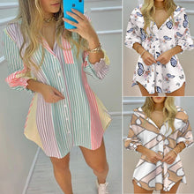 Laden Sie das Bild in den Galerie-Viewer, Gestreiftes Sommerkleid für Damen mit V-Ausschnitt und langen Ärmeln