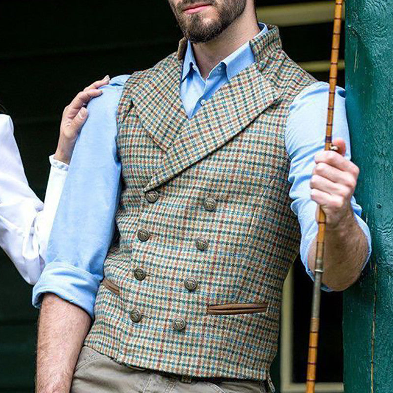 Karierte, zweireihige, schmale Cargoweste mit Anzugkragen