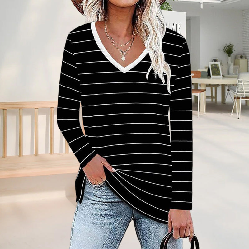 Gestreiftes Langärmliges T-Shirt mit V-Ausschnitt