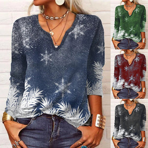 Langärmliges Weihnachts-T-Shirt mit V-Ausschnitt und Blumenmuster