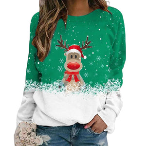 Weihnachtspullover mit Hirschdruck und Rundhalsausschnitt für Damen