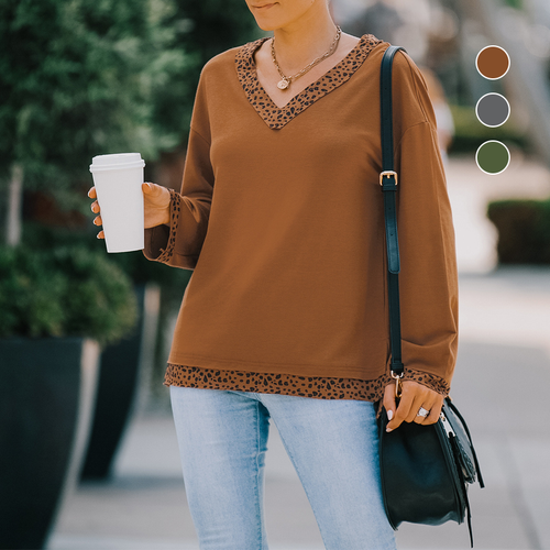 T-Shirt mit Leopardenmuster und V-Ausschnitt