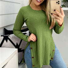 Laden Sie das Bild in den Galerie-Viewer, Einfarbiges Langärmliges T-Shirt mit Knopfschlitz und Rundhalsausschnitt