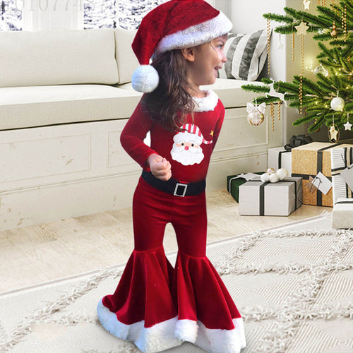 3-teiliges Set aus Teddy-Oberteil und Flare-Hose aus süßem rotem Samt mit Weihnachtsmotiv