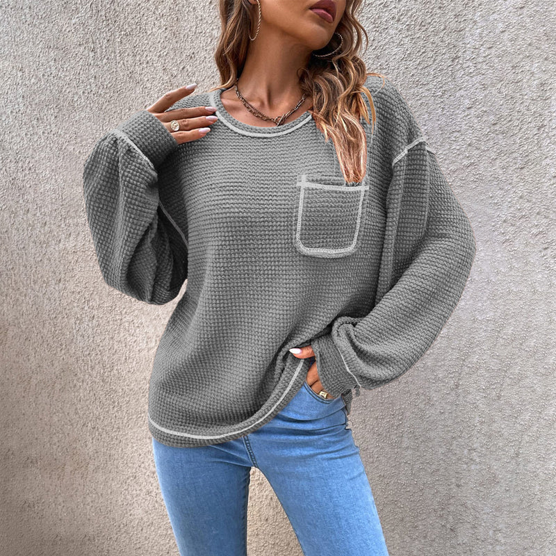 Rundhals gestrickter T-Shirt mit Taschen