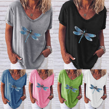 Laden Sie das Bild in den Galerie-Viewer, Kurzärmliges T-Shirt mit V-Ausschnitt und Libellendruck für Damen