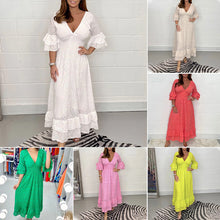 Laden Sie das Bild in den Galerie-Viewer, Lockeres einfarbiges Kleid mit V-Ausschnitt und hoher Taille