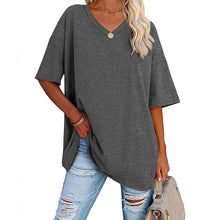 Laden Sie das Bild in den Galerie-Viewer, Damen lockeres halbärmliges T-Shirt mit V-Ausschnitt aus Baumwolle