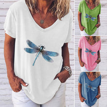 Laden Sie das Bild in den Galerie-Viewer, Kurzärmliges T-Shirt mit V-Ausschnitt und Libellendruck für Damen