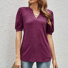 Laden Sie das Bild in den Galerie-Viewer, Einfarbiges T-Shirt mit V-Ausschnitt und Puffärmeln