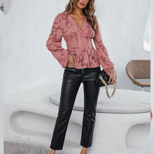 Laden Sie das Bild in den Galerie-Viewer, Einfarbiges Langärmeliges Chiffonhemd mit V-Ausschnitt und Jacquard