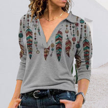 Laden Sie das Bild in den Galerie-Viewer, Damen Bedrucktes Langärmliges T-Shirt mit V-Revers