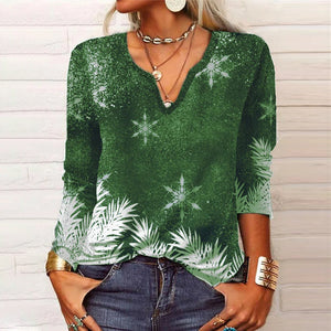 Langärmliges Weihnachts-T-Shirt mit V-Ausschnitt und Blumenmuster