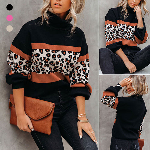 Rollkragen-Strickpullover mit Leopardenmuster und Farbblock