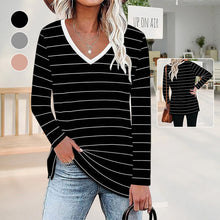 Laden Sie das Bild in den Galerie-Viewer, Gestreiftes Langärmliges T-Shirt mit V-Ausschnitt