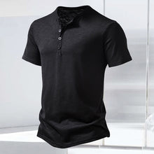 Laden Sie das Bild in den Galerie-Viewer, T-Shirt mit Henley-Kragen aus geflammter Baumwolle