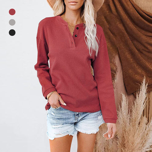 Einfarbiges Langarm-T-Shirt mit V-Ausschnitt