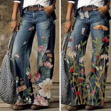 Laden Sie das Bild in den Galerie-Viewer, Damen Bedruckte Jeanshose mit weitem Bein