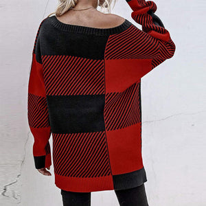 Damen Plaid-Kontrast-Strickpullover