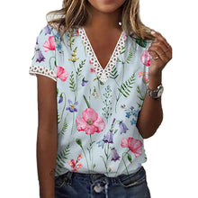 Laden Sie das Bild in den Galerie-Viewer, Bedrucktes Kurzärmeliges T-Shirt mit V-Ausschnitt für Damen