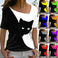 Laden Sie das Bild in den Galerie-Viewer, Schwarzes Katzen-T-Shirt mit diagonalem Ausschnitt