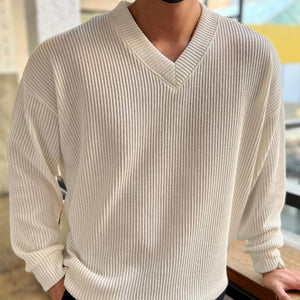 V-Ausschnitt Grubenstreifen Stricktshirt