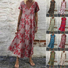 Laden Sie das Bild in den Galerie-Viewer, Kurzärmliges lockeres Blumenkleid mit V-Ausschnitt