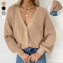 Laden Sie das Bild in den Galerie-Viewer, Einfarbiger Strickpullover mit Ballonärmeln und V-Ausschnitt