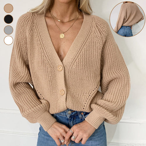 Einfarbiger Strickpullover mit Ballonärmeln und V-Ausschnitt