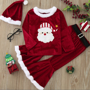 3-teiliges Set aus Teddy-Oberteil und Flare-Hose aus süßem rotem Samt mit Weihnachtsmotiv