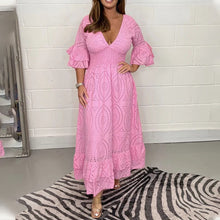 Laden Sie das Bild in den Galerie-Viewer, Lockeres einfarbiges Kleid mit V-Ausschnitt und hoher Taille