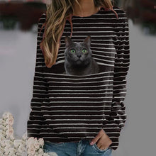 Laden Sie das Bild in den Galerie-Viewer, Gestreiftes T-Shirt mit Katzen-Print