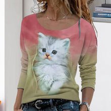 Laden Sie das Bild in den Galerie-Viewer, Langärmeliges Damen-T-Shirt mit Katzenmotiv