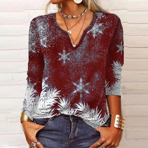 Langärmliges Weihnachts-T-Shirt mit V-Ausschnitt und Blumenmuster