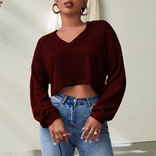 Laden Sie das Bild in den Galerie-Viewer, Einfarbiges Sexy Strick-T-Shirt mit V-Ausschnitt