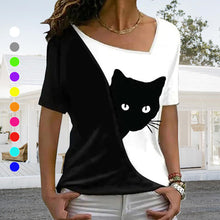 Laden Sie das Bild in den Galerie-Viewer, Schwarzes Katzen-T-Shirt mit diagonalem Ausschnitt