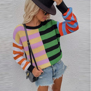 Gestreifter Lockerer Strickpullover mit Rundhalsausschnitt