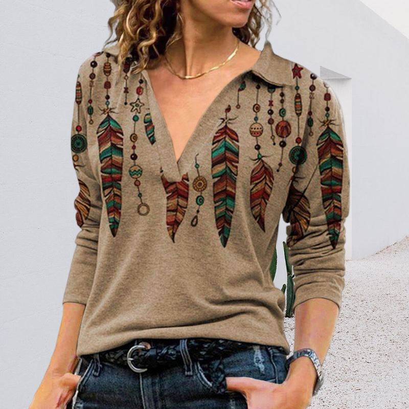 Damen Bedrucktes Langärmliges T-Shirt mit V-Revers