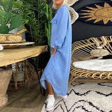 Laden Sie das Bild in den Galerie-Viewer, Einfarbiges, langärmliges, lässiges Jeanskleid für Damen