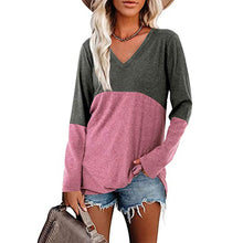 Laden Sie das Bild in den Galerie-Viewer, Lässiges Langarm-T-Shirt mit V-Ausschnitt in Kontrastfarbe