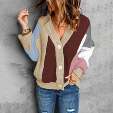 Laden Sie das Bild in den Galerie-Viewer, Colorblock-Pullover Cardigan mit V-Ausschnitt