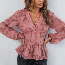 Laden Sie das Bild in den Galerie-Viewer, Einfarbiges Langärmeliges Chiffonhemd mit V-Ausschnitt und Jacquard