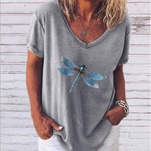 Laden Sie das Bild in den Galerie-Viewer, Kurzärmliges T-Shirt mit V-Ausschnitt und Libellendruck für Damen